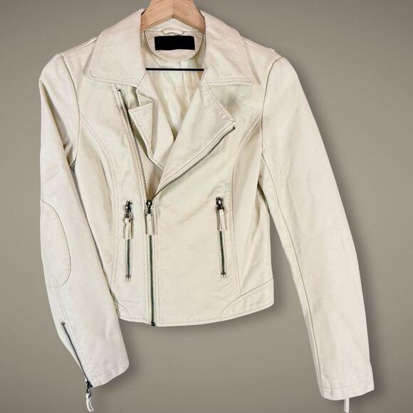 Solemio Jackets & Blazers - Solemio Cream Vegan Faux Leather Zip Motorcycle Biker Mobwife Jacket Moto Small